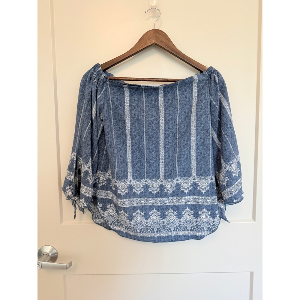 Bluebell Denim Blue Off Shoulder Women Blouse Tie‎ cuff Bandana Print Size Small - Picture 2 of 7